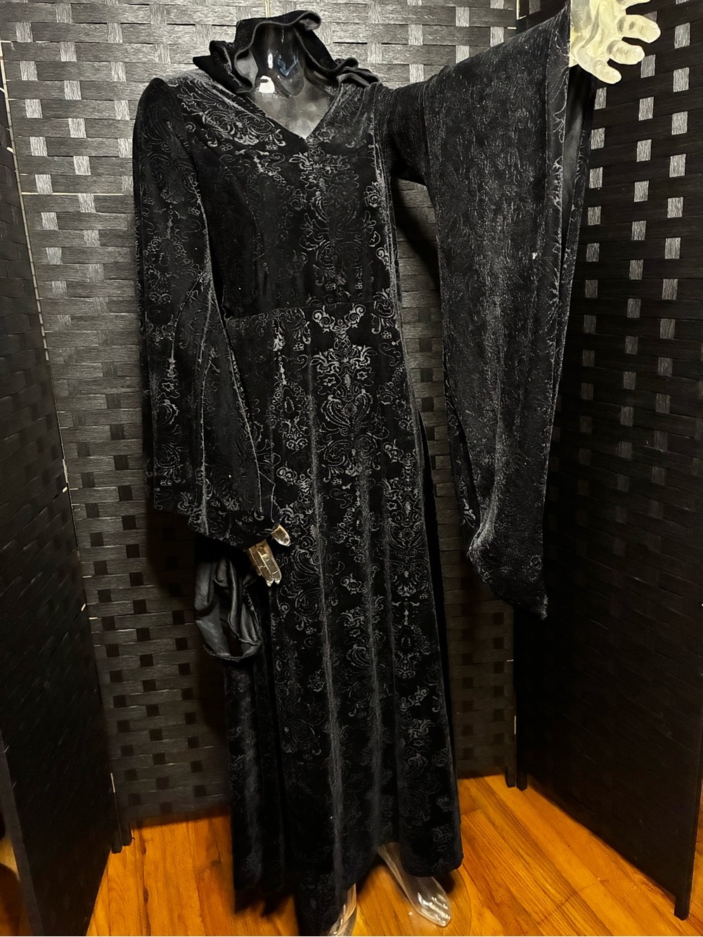 Goth Black Damask Flocked Velvet Hooded Dress Bell Sleeve Witch Vampire Gown